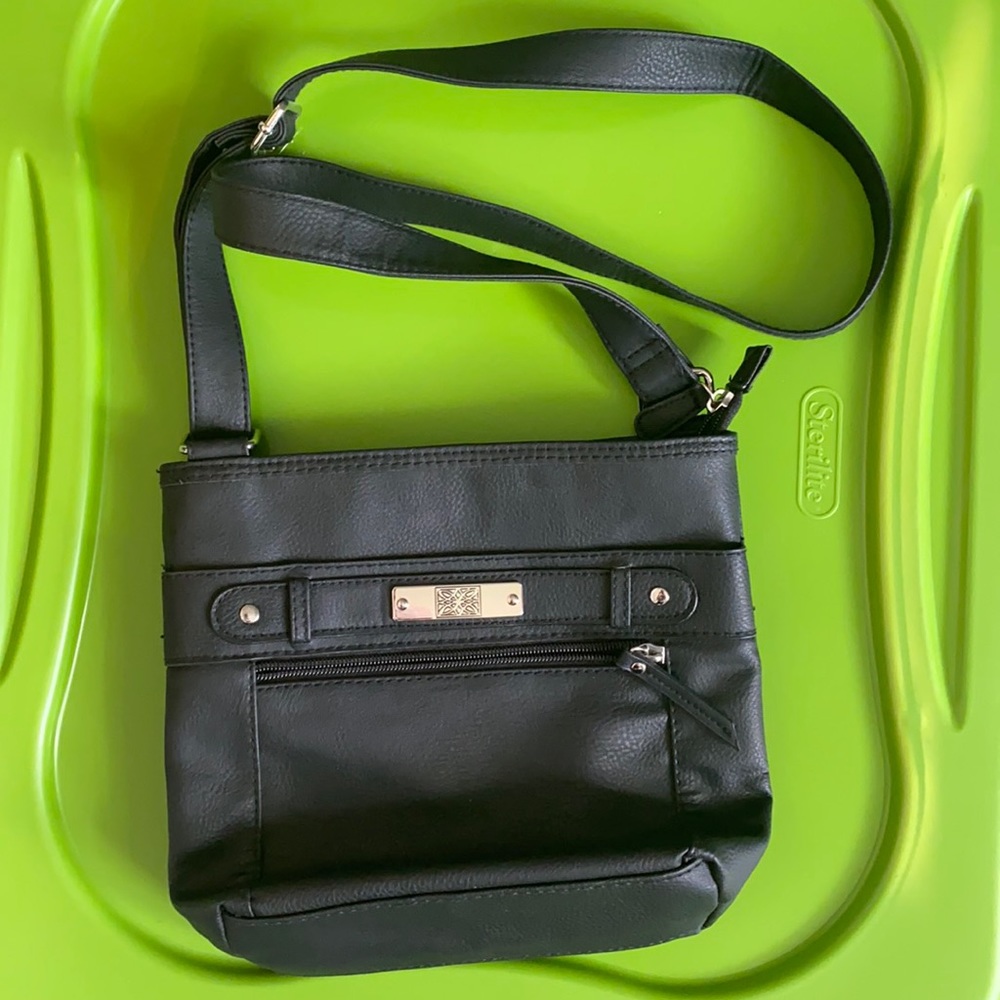 Black faux leather multi zip crossbody purse shoulder bag